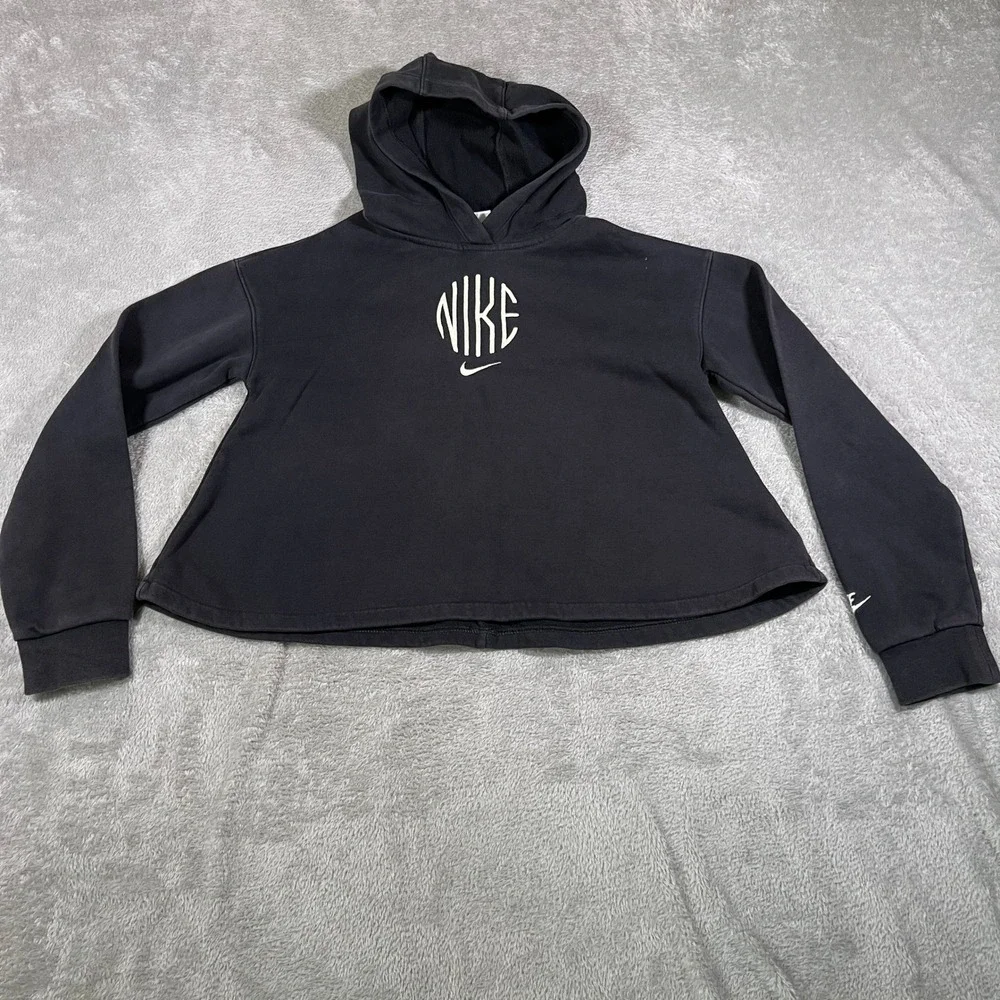 Nike NSW Sweater Girls Large Black Cropped‎ French Terry Hoodie Pullover Fleece